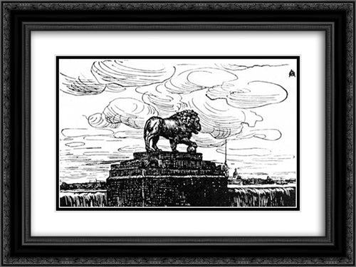 The Lion and the fortress. Woodcut for the magazine 'World'. 24x18 Black Ornate Wood Framed Art Print Poster with Double Matting by Ostroumova Lebedeva, Anna