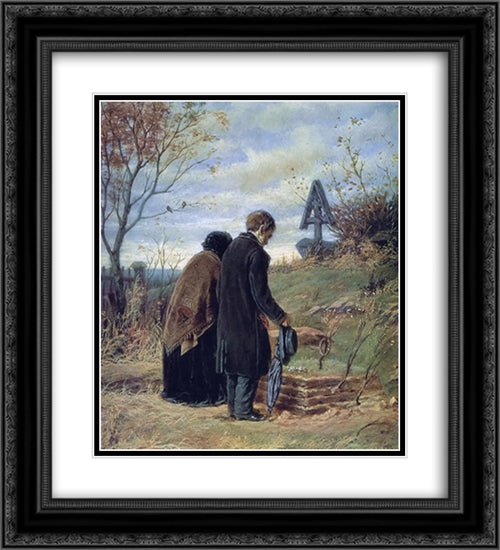 Old Parents Visiting the Grave of Their Son 20x22 Black Ornate Wood Framed Art Print Poster with Double Matting by Perov, Vasily