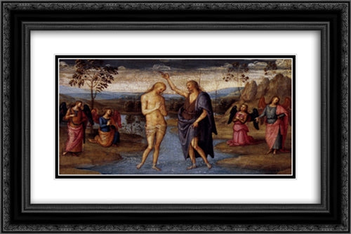 Baptism of Christ 24x16 Black Ornate Wood Framed Art Print Poster with Double Matting by Perugino, Pietro