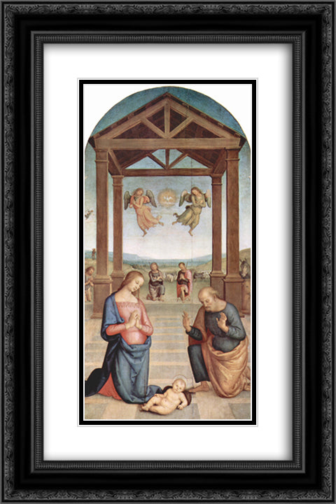 Altarpiece of St. Augustine - Adoration of the Shepherds 16x24 Black Ornate Wood Framed Art Print Poster with Double Matting by Perugino, Pietro