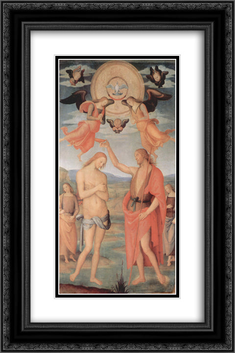 Altarpiece of St. Augustine - Scene Baptism of Christ 16x24 Black Ornate Wood Framed Art Print Poster with Double Matting by Perugino, Pietro