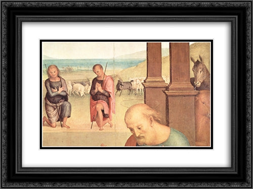 Altarpiece of St. Augustine -Adoration of the Shepherds (detail) Altarpiece of St. Augustine 24x18 Black Ornate Wood Framed Art Print Poster with Double Matting by Perugino, Pietro