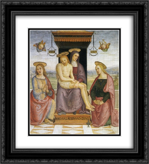 Pieta between St. John and Mary Magdalene 20x22 Black Ornate Wood Framed Art Print Poster with Double Matting by Perugino, Pietro