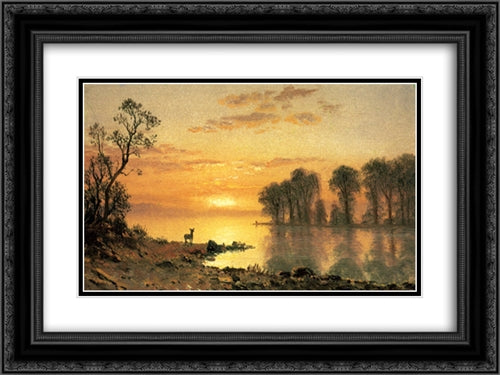 Sunset, Deer, and River 24x18 Black Ornate Wood Framed Art Print Poster with Double Matting by Bierstadt, Albert