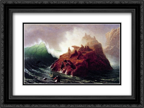 Seal Rock 24x18 Black Ornate Wood Framed Art Print Poster with Double Matting by Bierstadt, Albert