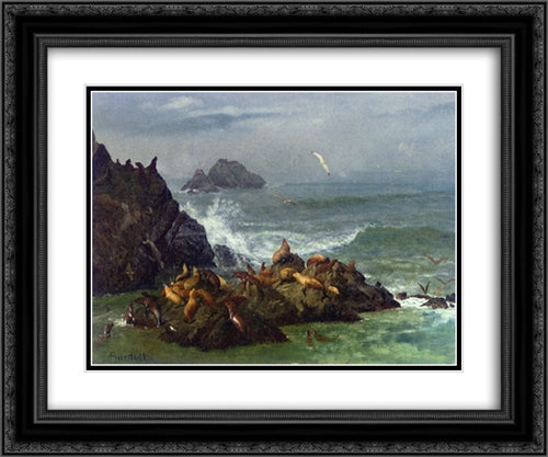 Seal Rocks, Pacific Ocean, California 24x20 Black Ornate Wood Framed Art Print Poster with Double Matting by Bierstadt, Albert