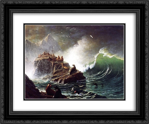 Seals on the Rocks, Farallon Islands 24x20 Black Ornate Wood Framed Art Print Poster with Double Matting by Bierstadt, Albert