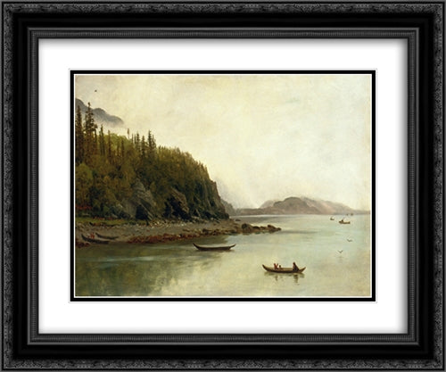 Indians Fishing 24x20 Black Ornate Wood Framed Art Print Poster with Double Matting by Bierstadt, Albert