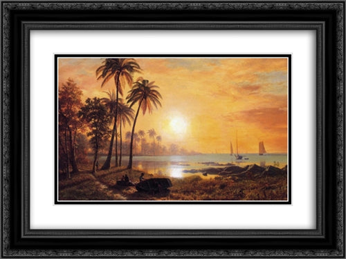 Tropical Landscape with Fishing Boats in Bay 24x18 Black Ornate Wood Framed Art Print Poster with Double Matting by Bierstadt, Albert
