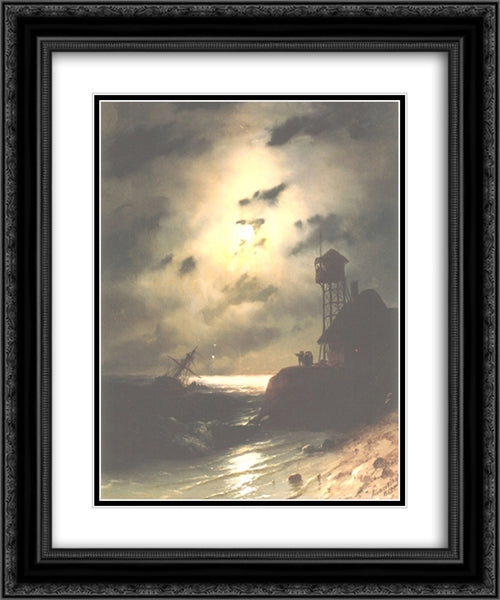 Moonlit Seascape With Shipwreck 20x24 Black Ornate Wood Framed Art Print Poster with Double Matting by Aivazovsky, Ivan