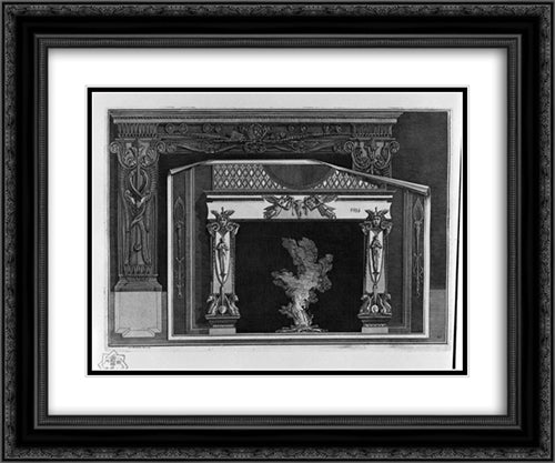 Fireplace with cameos frieze; forward to it, on a sheet of paper, another fireplace decorated with Medusa heads and winged figures with lyre 24x20 Black Ornate Wood Framed Art Print Poster with Double Matting by Piranesi, Giovanni Battista