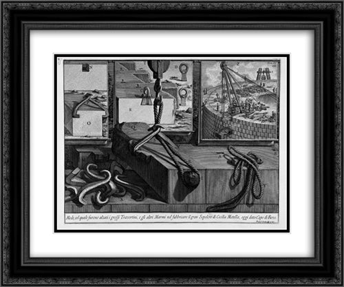 The Roman antiquities, t. 3, Plate LIV. Way in which they were raised big travertine, marble and other produce in the large tomb of Cecilia Metella 24x20 Black Ornate Wood Framed Art Print Poster with Double Matting by Piranesi, Giovanni Battista