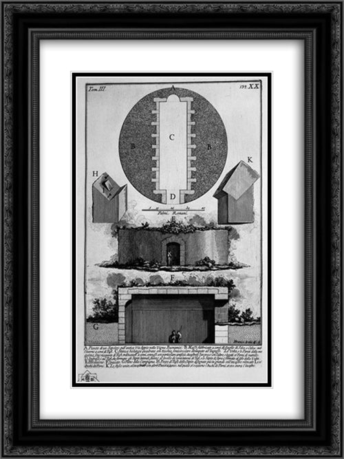 The Roman antiquities, t. 3, Plate XX. Plan, elevation and cross section of a tomb on the ancient Appian Way in the Vineyard Buonamici 18x24 Black Ornate Wood Framed Art Print Poster with Double Matting by Piranesi, Giovanni Battista