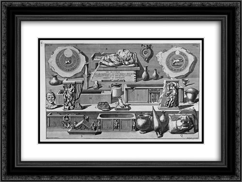 The Roman antiquities, t. 3, Plate XXVII. Urns, vases, sarcophagi and various objects found in burial chambers above (figures carved from Barbault) 24x18 Black Ornate Wood Framed Art Print Poster with Double Matting by Piranesi, Giovanni Battista