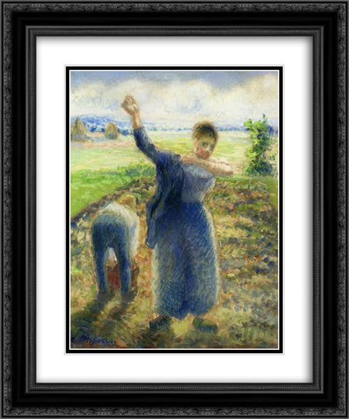 Workers in the Fields 20x24 Black Ornate Wood Framed Art Print Poster with Double Matting by Pissarro, Camille