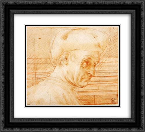 Study of a Man Wearing a Hat 22x20 Black Ornate Wood Framed Art Print Poster with Double Matting by Pontormo, Jacopo