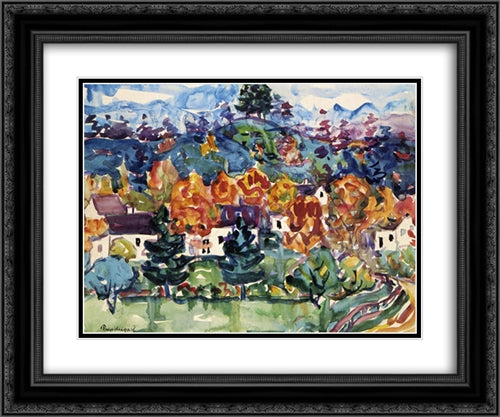 Hillside Village 24x20 Black Ornate Wood Framed Art Print Poster with Double Matting by Prendergast, Maurice
