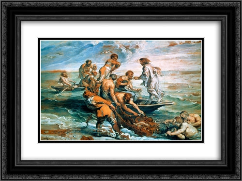 Miraculous Draught of Fishes 24x18 Black Ornate Wood Framed Art Print Poster with Double Matting by Raphael