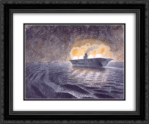 HMS Ark Royal in Action 24x20 Black Ornate Wood Framed Art Print Poster with Double Matting by Ravilious, Eric
