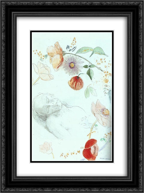 Bust of a Man Asleep amid Flowers 18x24 Black Ornate Wood Framed Art Print Poster with Double Matting by Redon, Odilon