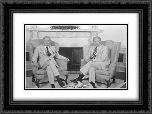 UN Ambassador Daniel P. Moynihan and President Gerald Ford, seated in armchairs, in front of a fireplace 24x18 Black Ornate Wood Framed Art Print Poster with Double Matting by Library of Congress