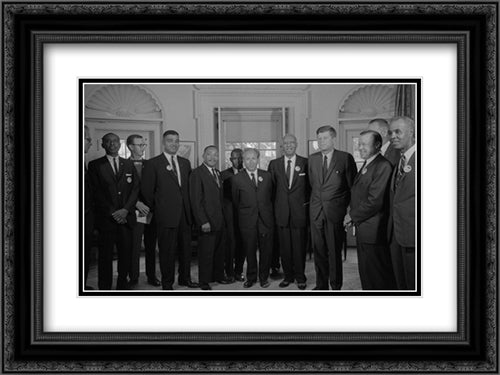 Civil rights leaders meet with President John F. Kennedy in the oval office of the White House after the March on Washington, D.C. 20x24 Black Ornate Wood Framed Art Print Poster with Double Matting by Library of Congress