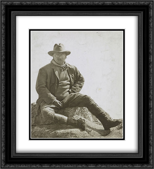 Theodore Roosevelt, sitting on a large stone, at Glacier Point in California 20x22 Black Ornate Wood Framed Art Print Poster with Double Matting by Library of Congress