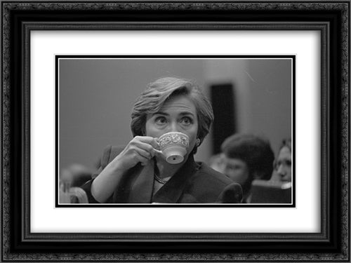 First Lady Hillary Clinton, head-and-shoulders portrait, sipping from a teacup during her presentation on health care 24x18 Black Ornate Wood Framed Art Print Poster with Double Matting by Library of Congress