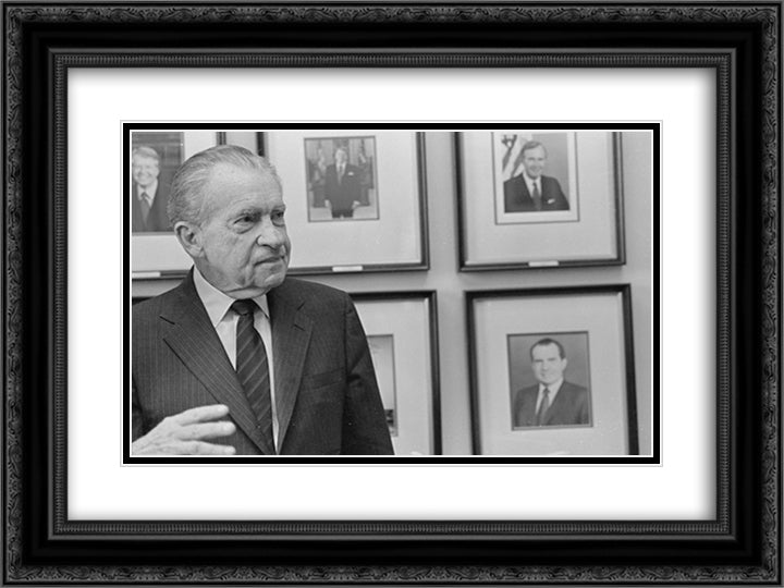 President Richard Nixon, head-and-shoulders portrait, facing right, standing in front of photographs of presidents in Representative William Broomfield 24x18 Black Ornate Wood Framed Art Print Poster with Double Matting by Library of Congress