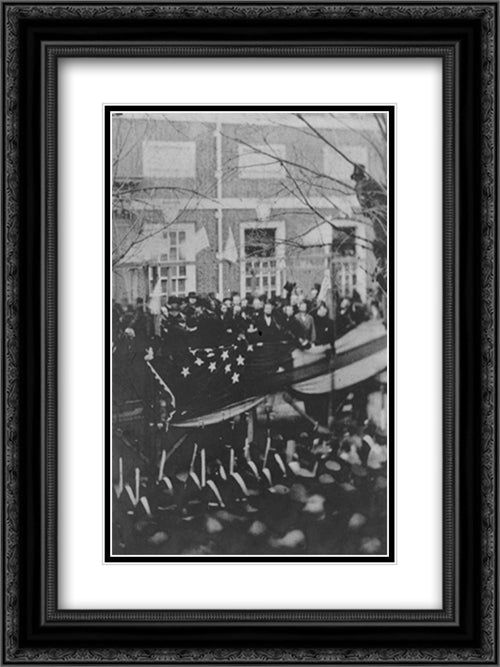 Abraham Lincoln raising a flag at Independence Hall, Philadelphia, in honor of the admission of Kansas to the Union on Washington's Birthday, February 22, 1861 18x24 Black Ornate Wood Framed Art Print Poster with Double Matting by Library of Congress