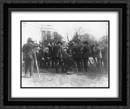 President Warren G. Harding and his cabinet posed on the White House Lawn, with photographers 24x20 Black Ornate Wood Framed Art Print Poster with Double Matting by Library of Congress