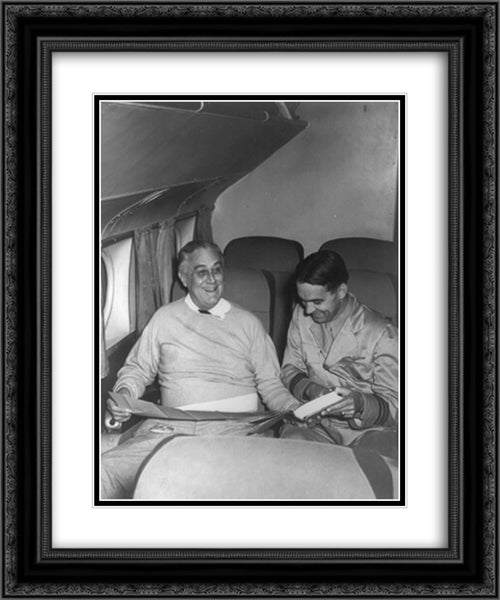 Franklin D. Roosevelt, with map on lap, aboard a plane crossing the Atlantic, with Captain Otis Bryan. 20x24 Black Ornate Wood Framed Art Print Poster with Double Matting by Library of Congress