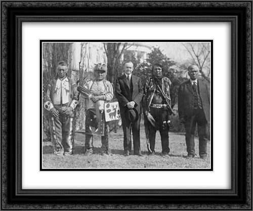 President Calvin Coolidge posed with Natives, possibly from the Plateau area in the Northwestern United States, near the south lawn of the White House 24x20 Black Ornate Wood Framed Art Print Poster with Double Matting by Library of Congress