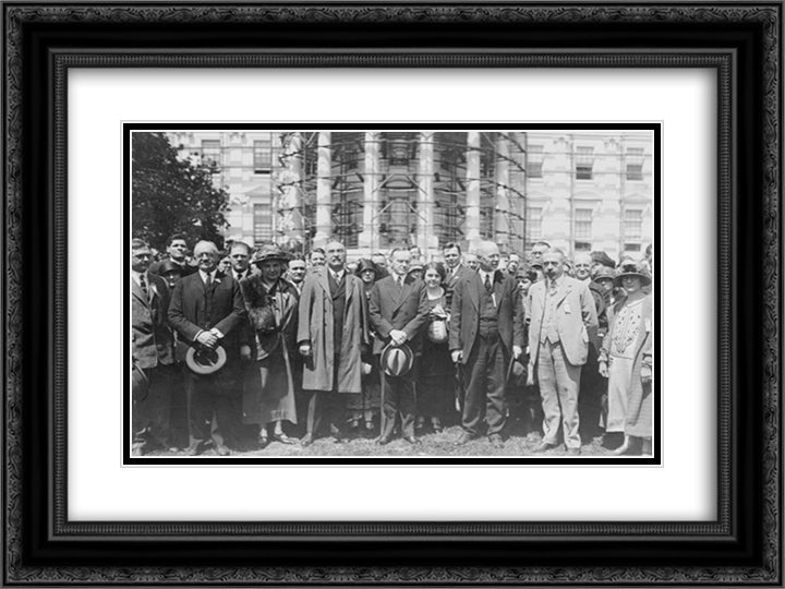 President Coolidge standing with members of the American Chemical Society on the White House lawn; visible in the background is the White House 24x18 Black Ornate Wood Framed Art Print Poster with Double Matting by Library of Congress