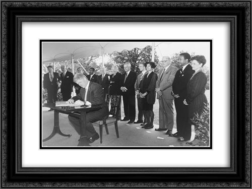 President Bill Clinton signing the National Voter Registration Act of 1993 (Motor Voter Act), as Vice-President Albert Gore and notable members of Congress look on 24x18 Black Ornate Wood Framed Art Print Poster with Double Matting by Library of Congress