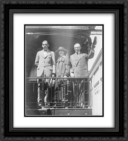 President Calvin Coolidge, full-length portrait, standing, facing slightly left, with wife and son, on back of railroad train 20x22 Black Ornate Wood Framed Art Print Poster with Double Matting by Library of Congress