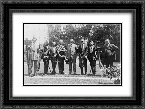 President Coolidge with members of the White House Photographers Assn. 24x18 Black Ornate Wood Framed Art Print Poster with Double Matting by Library of Congress