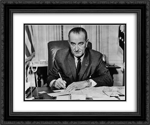 President Lyndon B. Johnson marking an absentee ballot in his White House office 24x20 Black Ornate Wood Framed Art Print Poster with Double Matting by Library of Congress