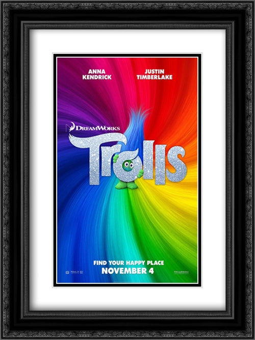 Trolls 18x24 Black Ornate Wood Framed Movie Poster with Double Matting