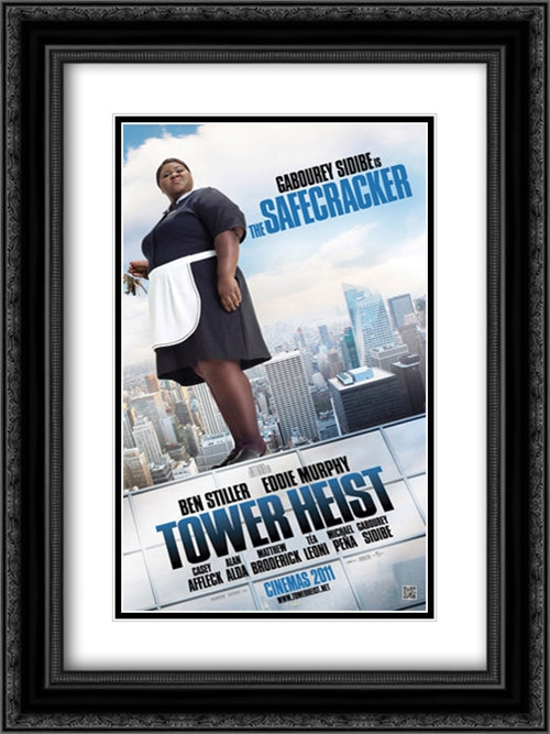 Tower Heist 18x24 Black Ornate Wood Framed Movie Poster with Double Matting
