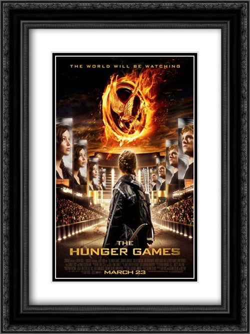 The Hunger Games 18x24 Black Ornate Wood Framed Movie Poster with Double Matting