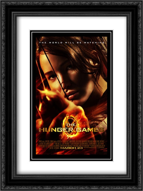 The Hunger Games 18x24 Black Ornate Wood Framed Movie Poster with Double Matting