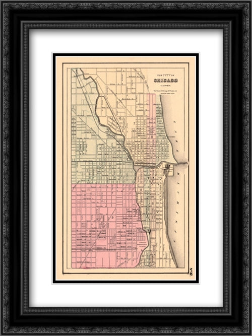 Chicago Street Map, c.1895 11x22 Black Ornate Wood Framed Art Print Poster with Double Matting by American History