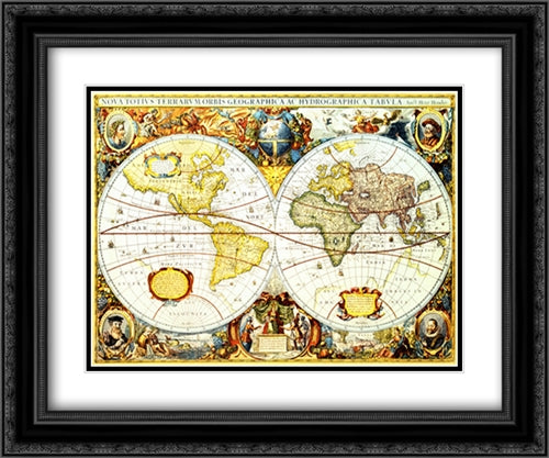 Map of the World III 2x Matted 20x24 Black Ornate Wood Framed Art Print Poster with Double Matting