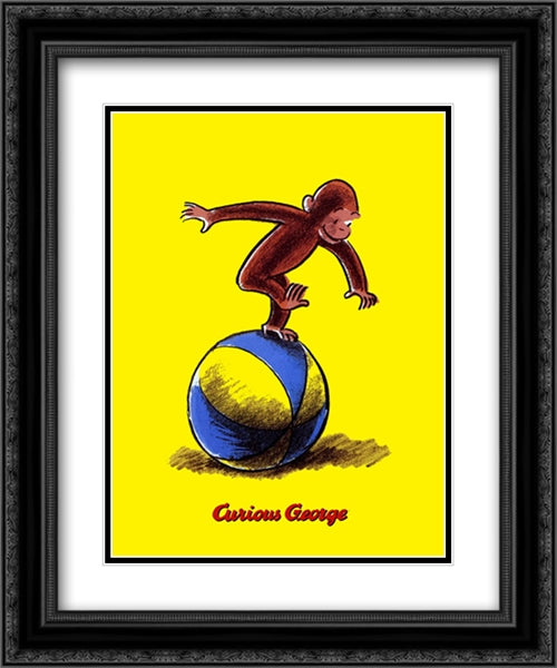 Curious George Plays on a Ball 2x Matted 20x24 Black Ornate Wood Framed Art Print Poster with Double Matting by Rey, H. A.