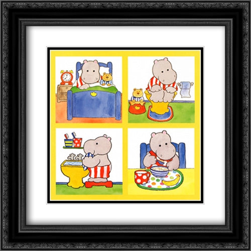 Good Morning, Little Hippo 2x Matted 20x20 Black Ornate Wood Framed Art Print Poster with Double Matting by Paterson, Bettina