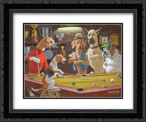 Hey! One Leg on the Floor / Dogs Playing Pool 2x Matted 24x20 Black Ornate Wood Framed Art Print Poster with Double Matting by Sarnoff, Arthur