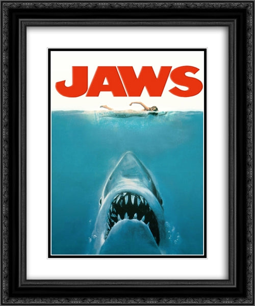 Jaws 20x24 Black Ornate Wood Framed Movie Poster with Double Matting