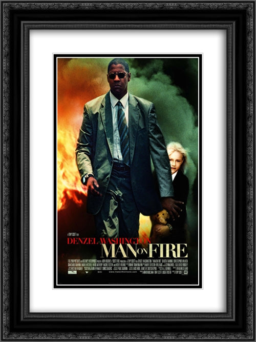 Man on Fire 18x24 Black Ornate Wood Framed Movie Poster with Double Matting