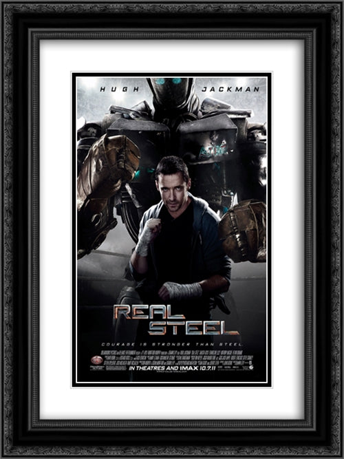 Reel Steel 18x24 Black Ornate Wood Framed Movie Poster with Double Matting